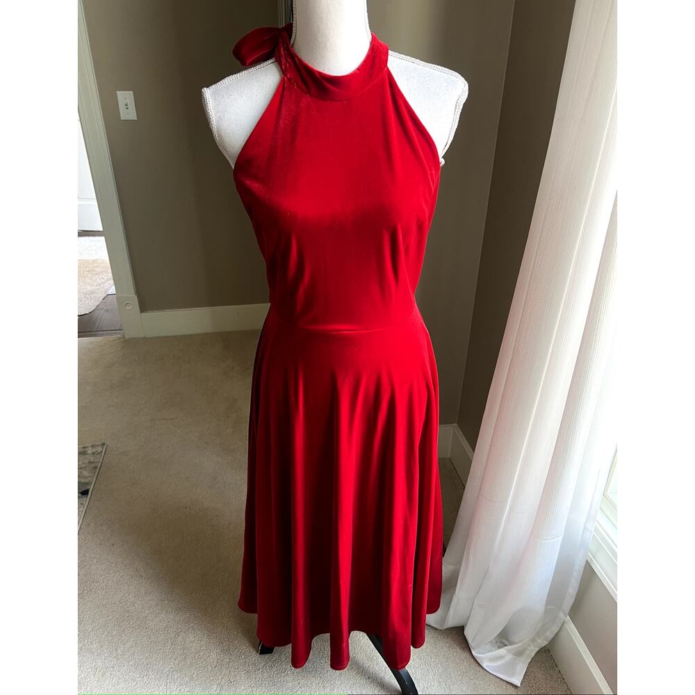 NWT Maison Tara red velvet bow fit & flare dress size 6 - Picture 4 of 10